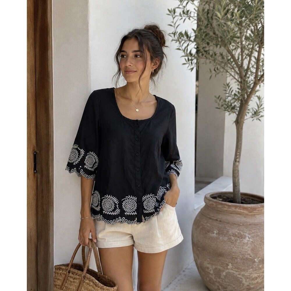 Ecologie Black 100% Linen Blouse, Size M, with White Embroidery and 3/4 Sleeve